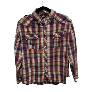 TFG Plaid Flannel Pearl Snap Shirt Western Grunge Workwear Elbow Patch Womens L